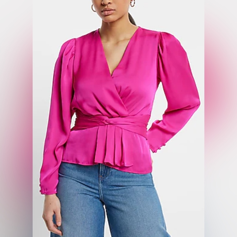 Express Hot Pink Satin V-Neck Twist Front Peplum Long Sleeve Top